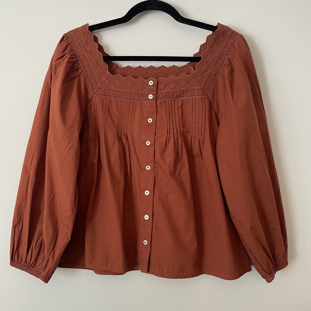 NWT Gap Boxy Button Front Embroidered Top Orange XS Cotton Boho Western Peasant